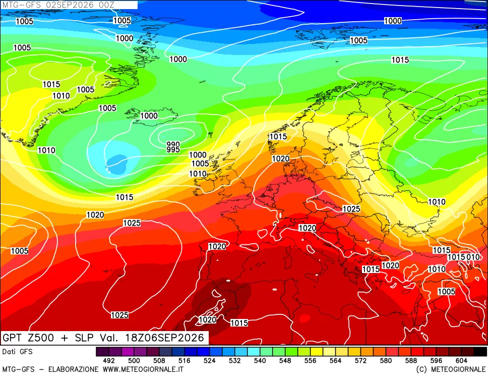 mappa GFS: Geopotenziale a 500 hPa + Pressione sul livello del mare