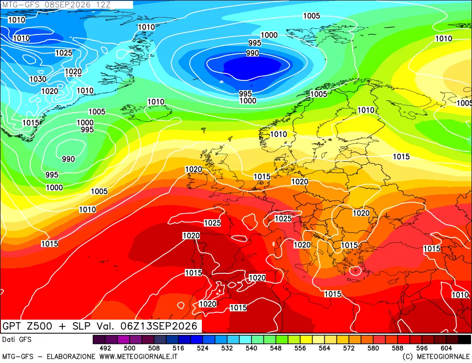 mappa GFS: Geopotenziale a 500 hPa + Pressione sul livello del mare