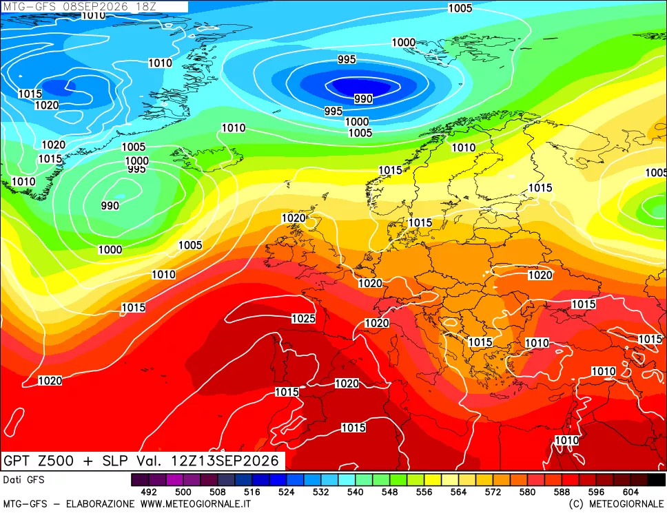 mappa GFS: Geopotenziale a 500 hPa + Pressione sul livello del mare
