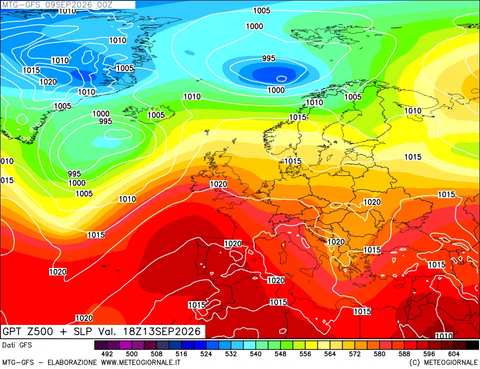 mappa GFS: Geopotenziale a 500 hPa + Pressione sul livello del mare