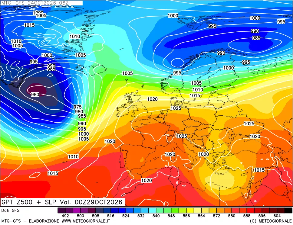 mappa GFS: Geopotenziale a 500 hPa + Pressione sul livello del mare