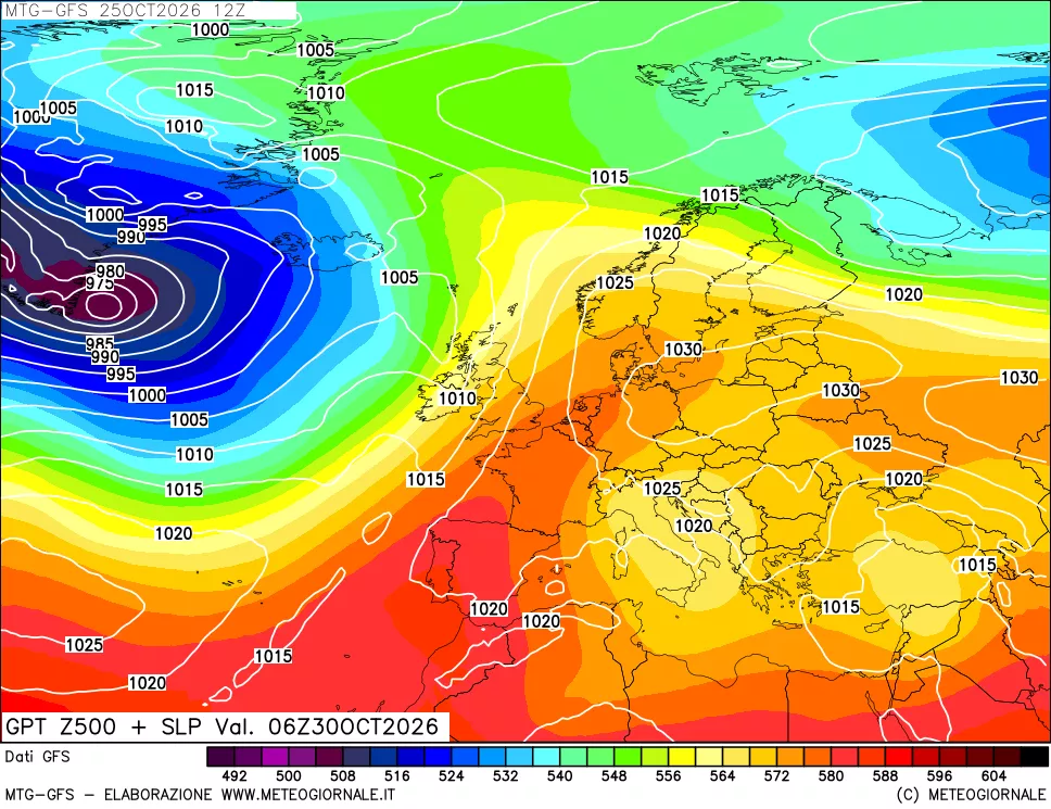 mappa GFS: Geopotenziale a 500 hPa + Pressione sul livello del mare