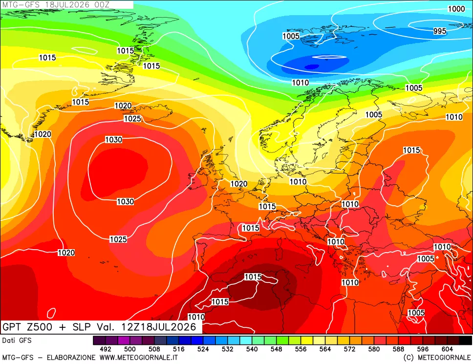 mappa GFS: Geopotenziale a 500 hPa + Pressione sul livello del mare