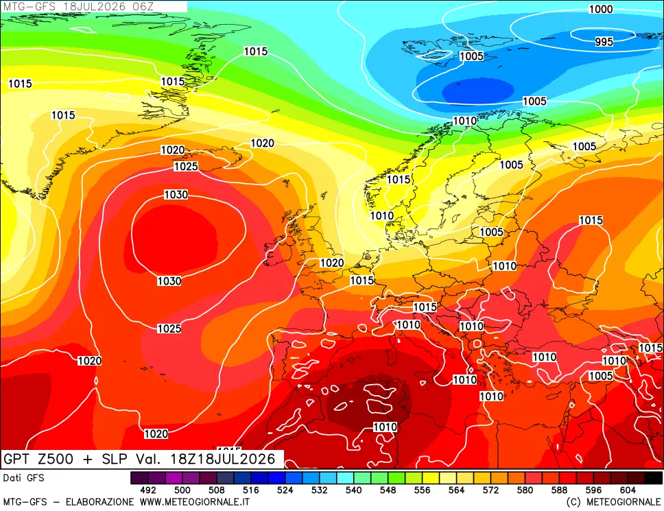 mappa GFS: Geopotenziale a 500 hPa + Pressione sul livello del mare