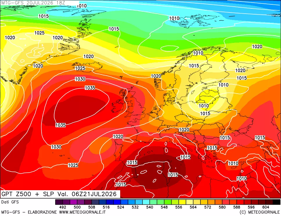 mappa GFS: Geopotenziale a 500 hPa + Pressione sul livello del mare