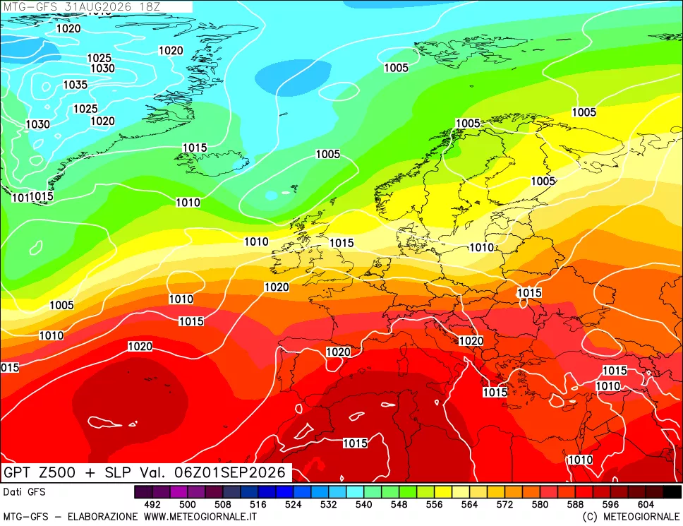 mappa GFS: Geopotenziale a 500 hPa + Pressione sul livello del mare