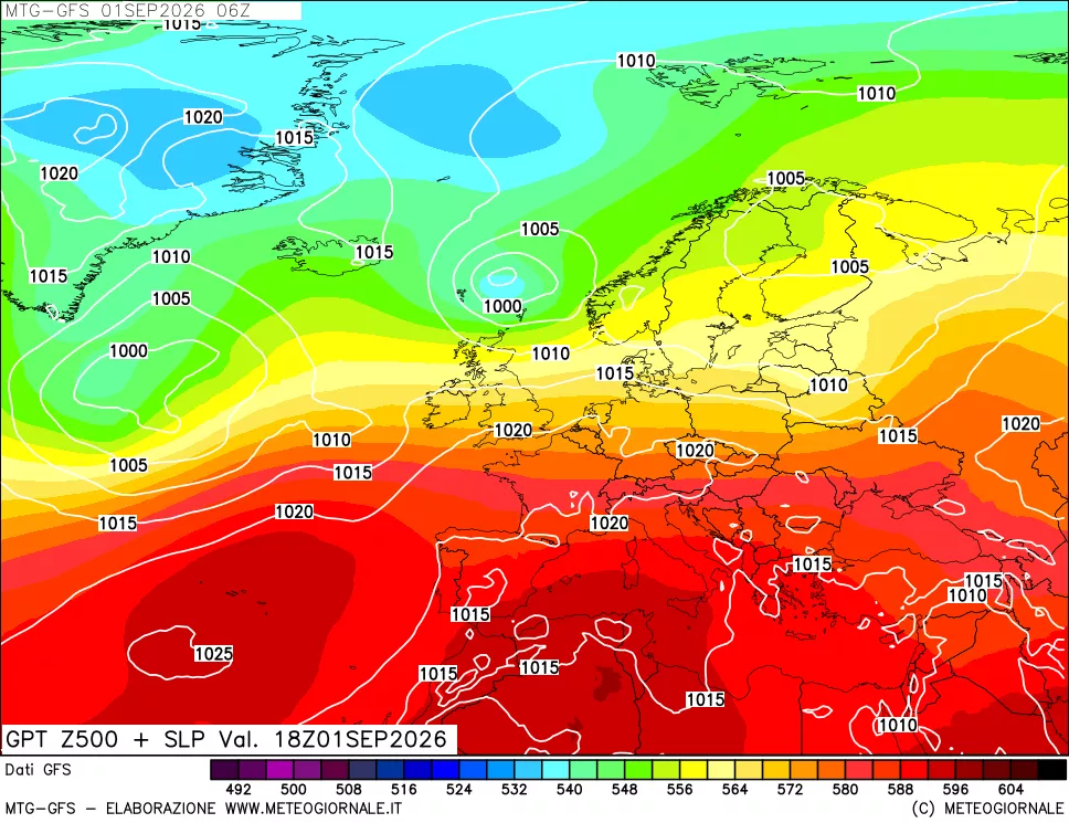 mappa GFS: Geopotenziale a 500 hPa + Pressione sul livello del mare