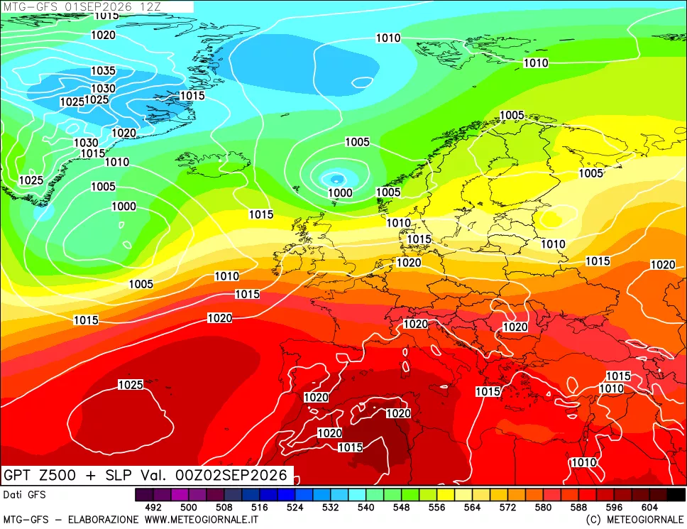 mappa GFS: Geopotenziale a 500 hPa + Pressione sul livello del mare