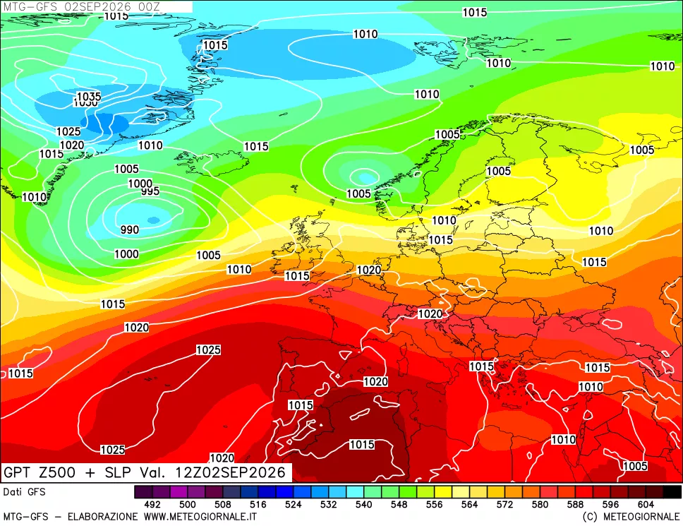 mappa GFS: Geopotenziale a 500 hPa + Pressione sul livello del mare