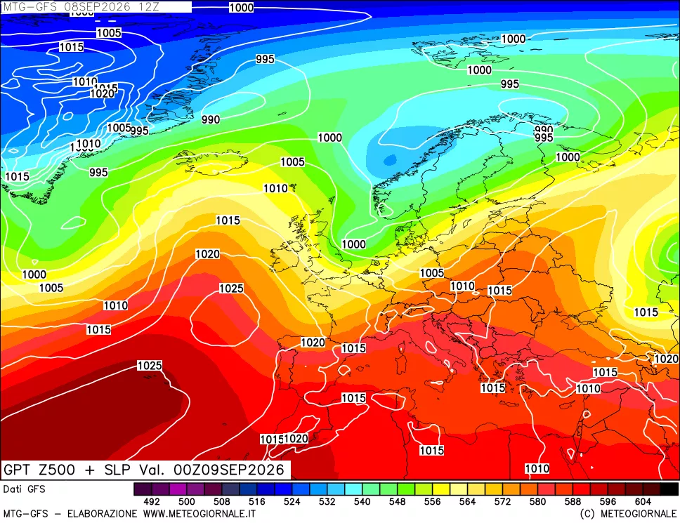 mappa GFS: Geopotenziale a 500 hPa + Pressione sul livello del mare