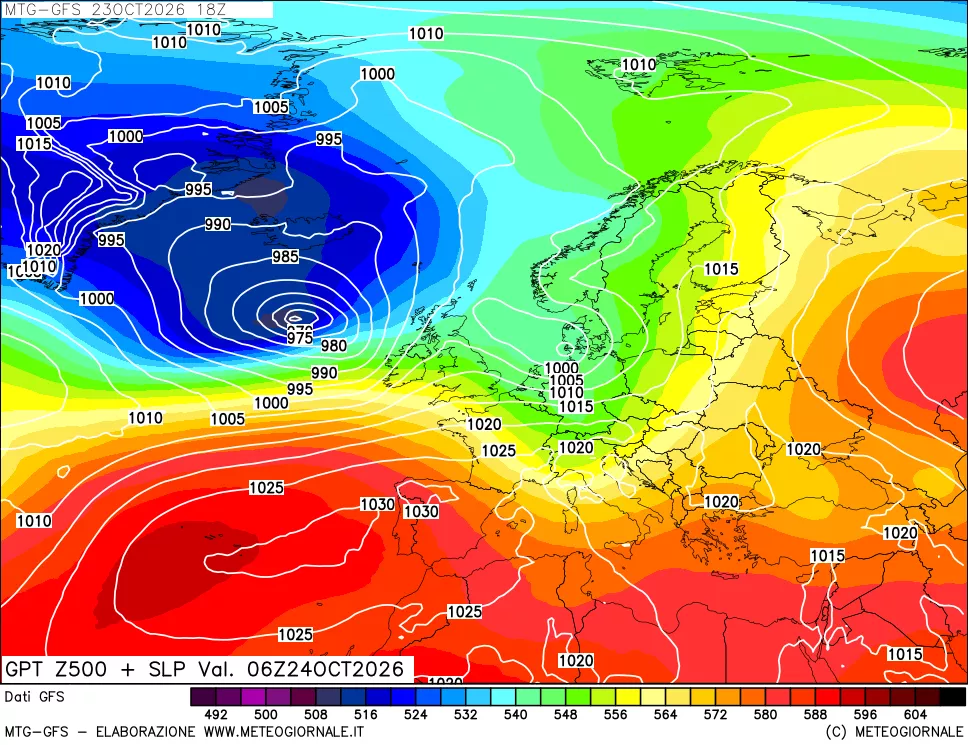 mappa GFS: Geopotenziale a 500 hPa + Pressione sul livello del mare