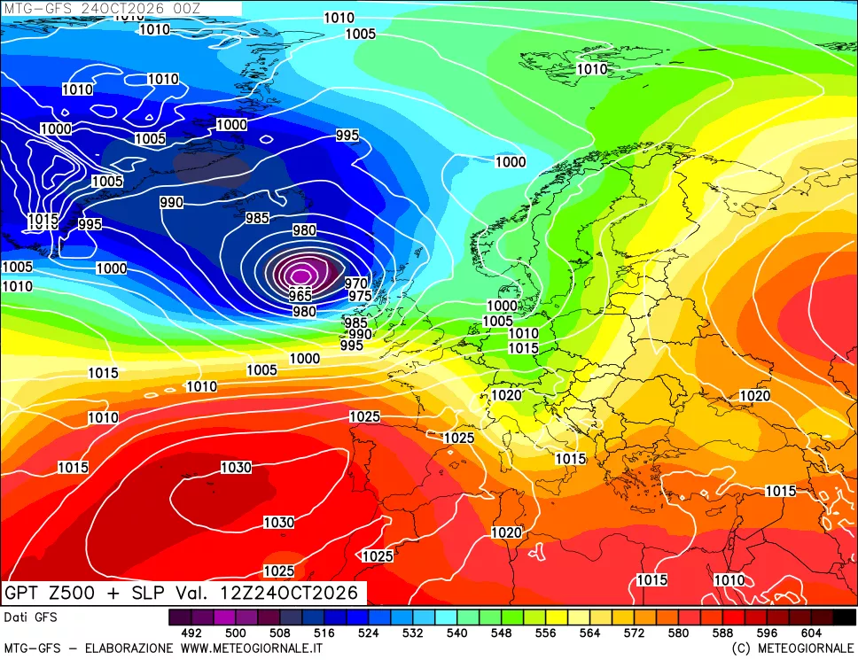 mappa GFS: Geopotenziale a 500 hPa + Pressione sul livello del mare