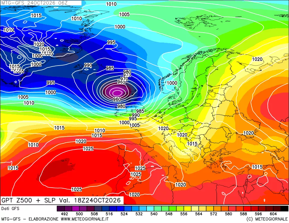 mappa GFS: Geopotenziale a 500 hPa + Pressione sul livello del mare