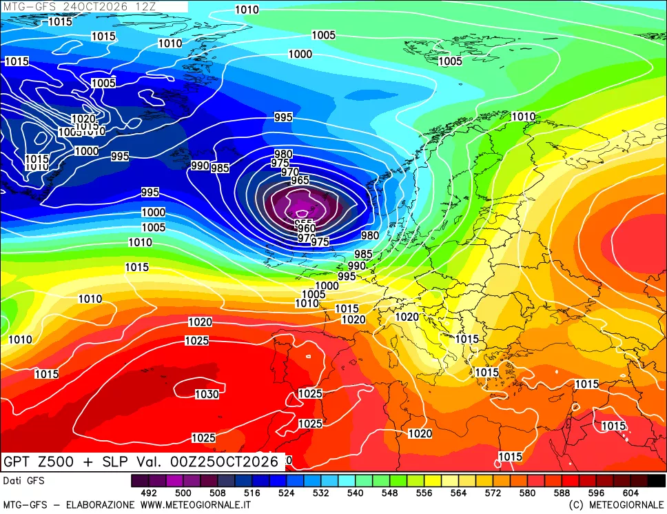 mappa GFS: Geopotenziale a 500 hPa + Pressione sul livello del mare