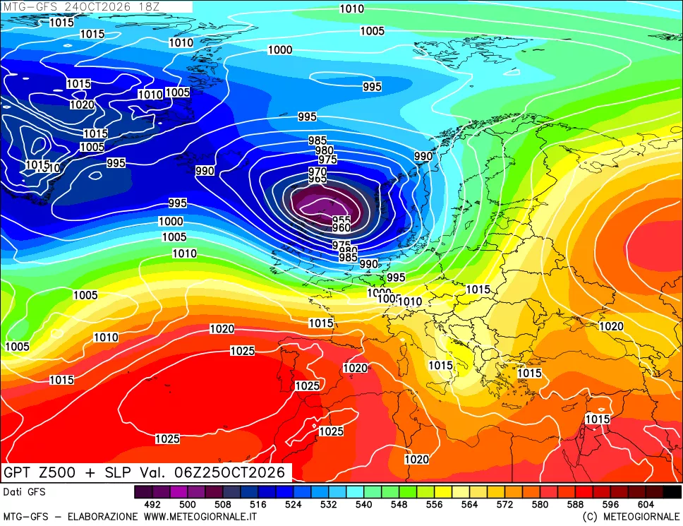 mappa GFS: Geopotenziale a 500 hPa + Pressione sul livello del mare