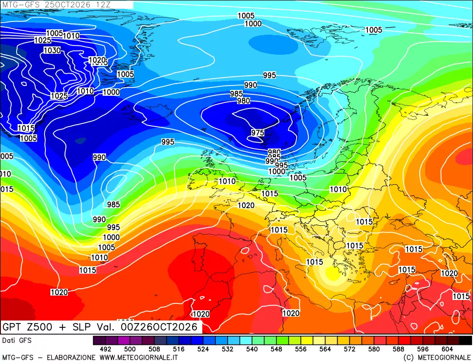 mappa GFS: Geopotenziale a 500 hPa + Pressione sul livello del mare