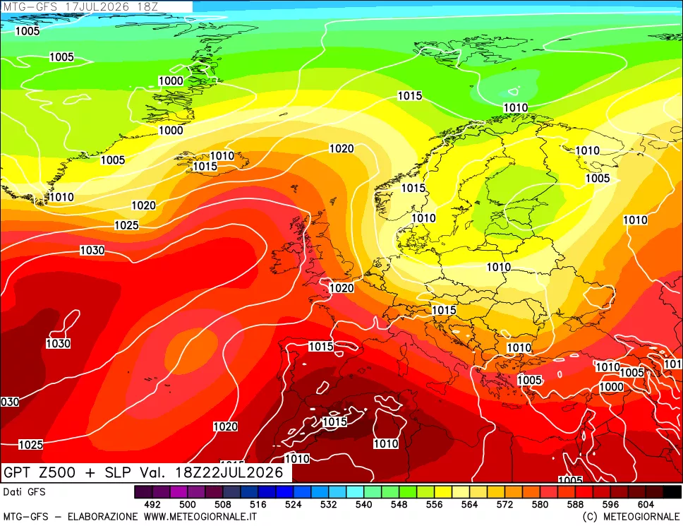 mappa GFS: Geopotenziale a 500 hPa + Pressione sul livello del mare