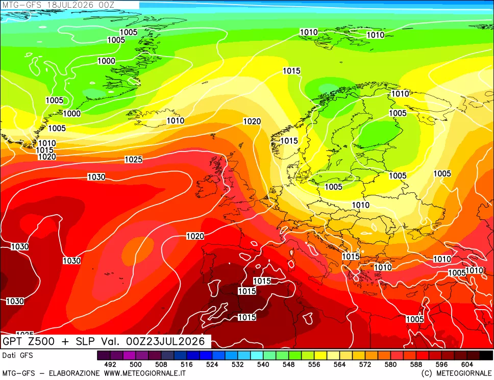 mappa GFS: Geopotenziale a 500 hPa + Pressione sul livello del mare