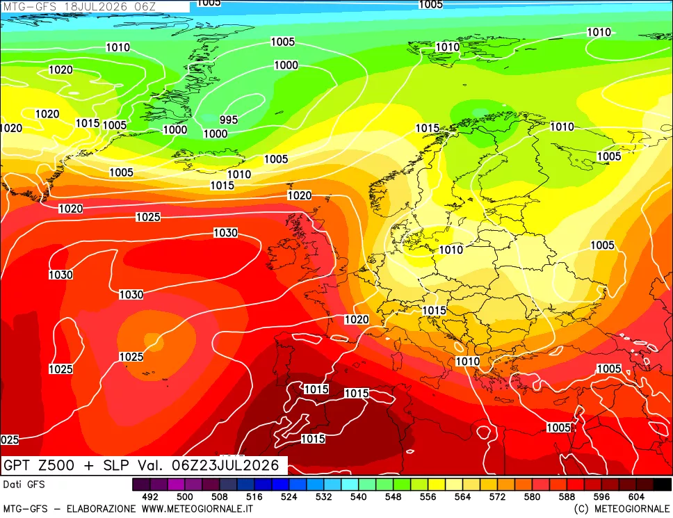 mappa GFS: Geopotenziale a 500 hPa + Pressione sul livello del mare
