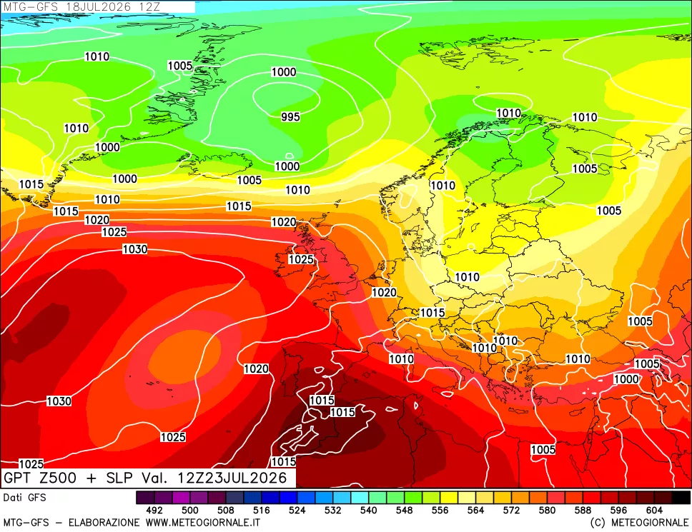 mappa GFS: Geopotenziale a 500 hPa + Pressione sul livello del mare