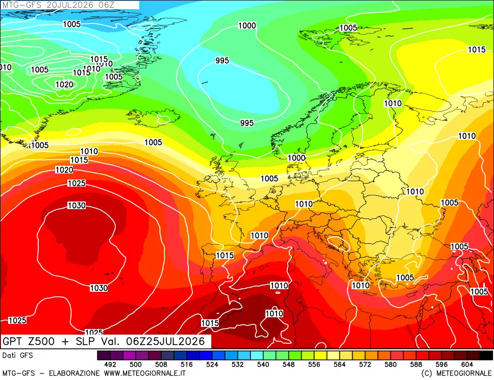 mappa GFS: Geopotenziale a 500 hPa + Pressione sul livello del mare