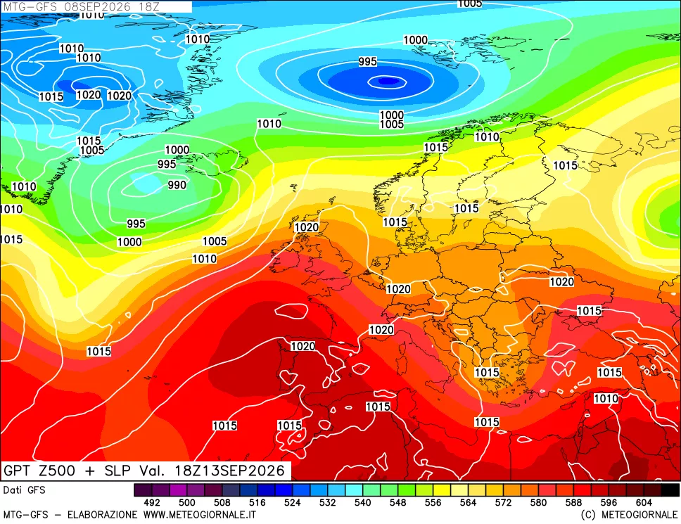 mappa GFS: Geopotenziale a 500 hPa + Pressione sul livello del mare