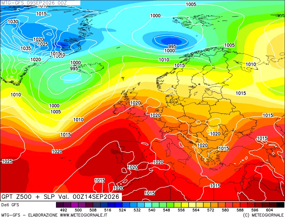 mappa GFS: Geopotenziale a 500 hPa + Pressione sul livello del mare