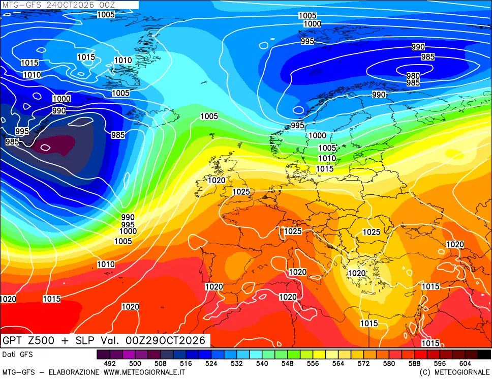 mappa GFS: Geopotenziale a 500 hPa + Pressione sul livello del mare