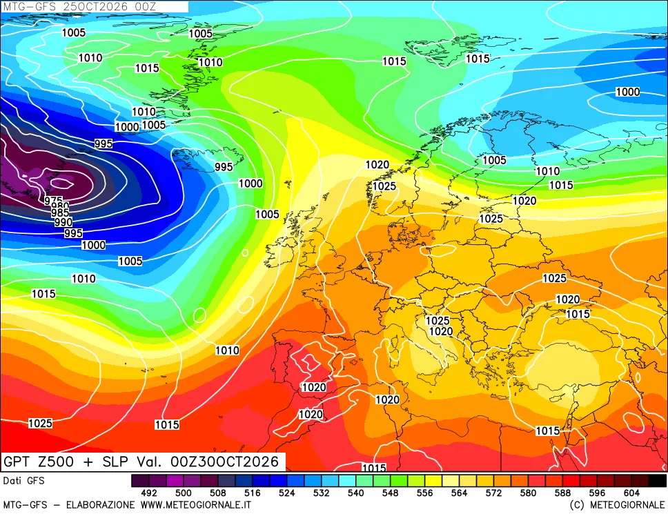mappa GFS: Geopotenziale a 500 hPa + Pressione sul livello del mare