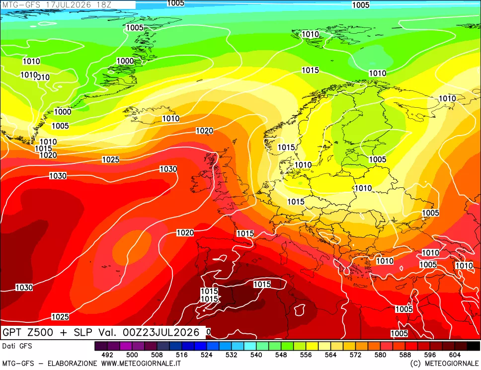 mappa GFS: Geopotenziale a 500 hPa + Pressione sul livello del mare
