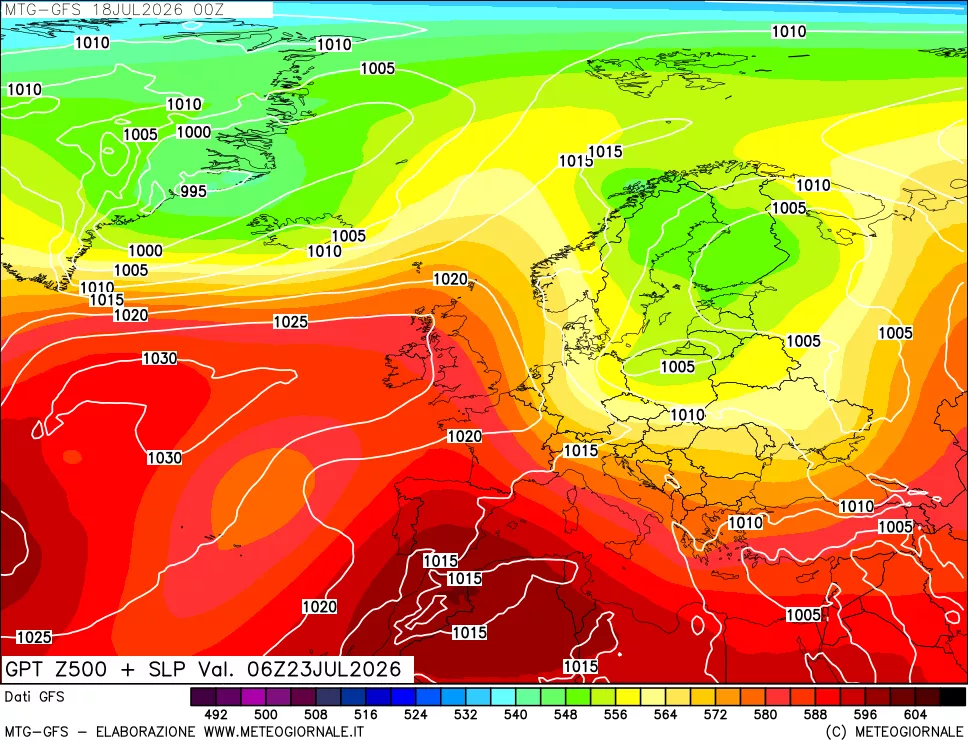 mappa GFS: Geopotenziale a 500 hPa + Pressione sul livello del mare