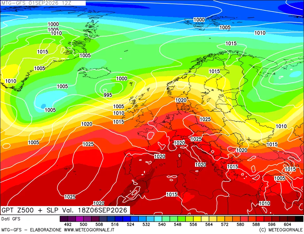 mappa GFS: Geopotenziale a 500 hPa + Pressione sul livello del mare