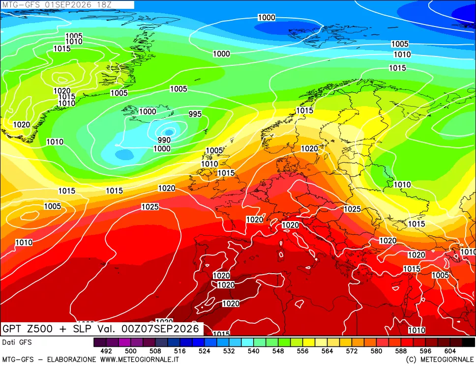 mappa GFS: Geopotenziale a 500 hPa + Pressione sul livello del mare