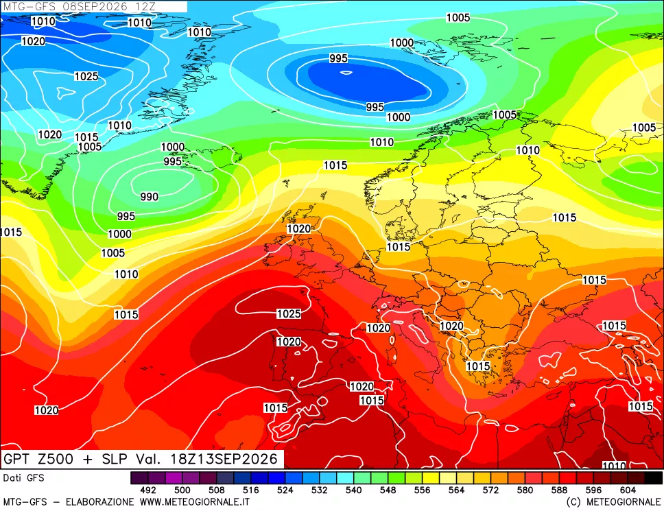 mappa GFS: Geopotenziale a 500 hPa + Pressione sul livello del mare