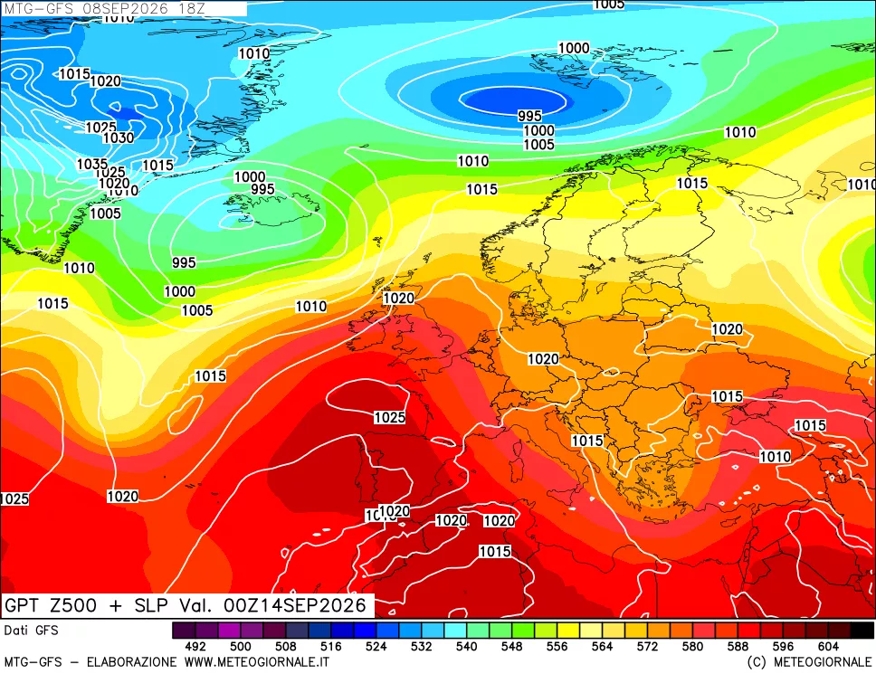 mappa GFS: Geopotenziale a 500 hPa + Pressione sul livello del mare