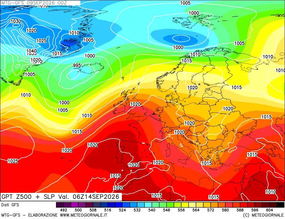 mappa GFS: Geopotenziale a 500 hPa + Pressione sul livello del mare