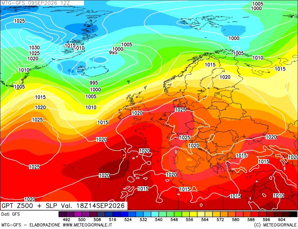 mappa GFS: Geopotenziale a 500 hPa + Pressione sul livello del mare