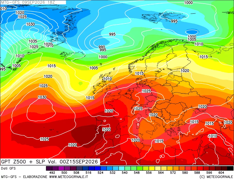 mappa GFS: Geopotenziale a 500 hPa + Pressione sul livello del mare