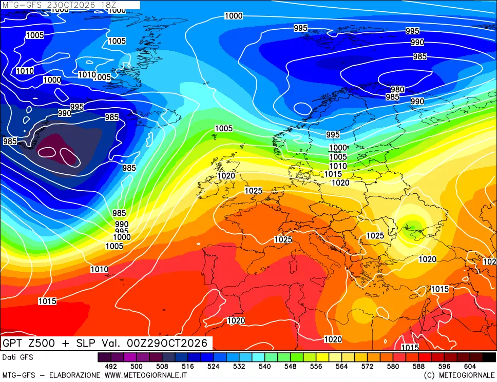 mappa GFS: Geopotenziale a 500 hPa + Pressione sul livello del mare