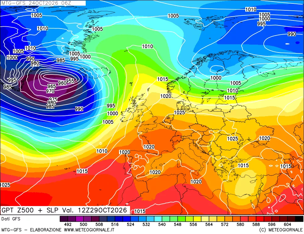 mappa GFS: Geopotenziale a 500 hPa + Pressione sul livello del mare