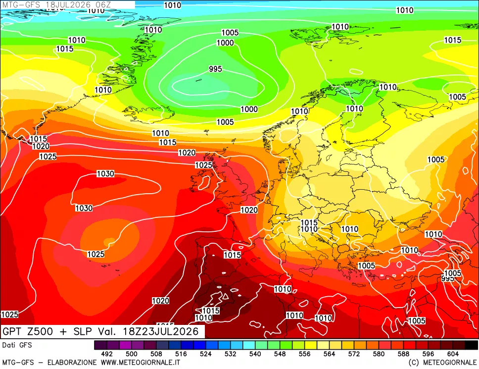 mappa GFS: Geopotenziale a 500 hPa + Pressione sul livello del mare