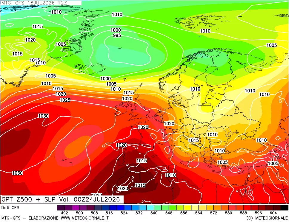 mappa GFS: Geopotenziale a 500 hPa + Pressione sul livello del mare