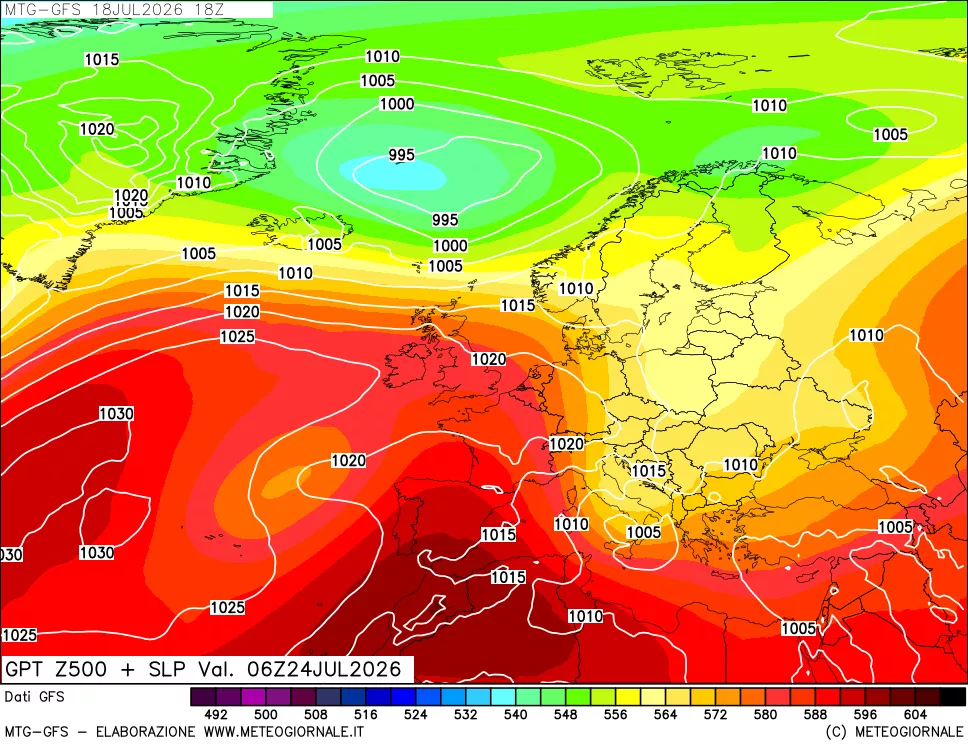 mappa GFS: Geopotenziale a 500 hPa + Pressione sul livello del mare