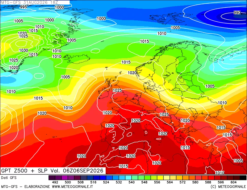 mappa GFS: Geopotenziale a 500 hPa + Pressione sul livello del mare