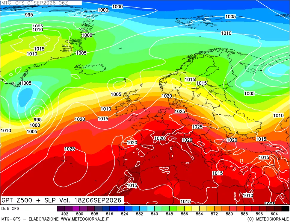 mappa GFS: Geopotenziale a 500 hPa + Pressione sul livello del mare