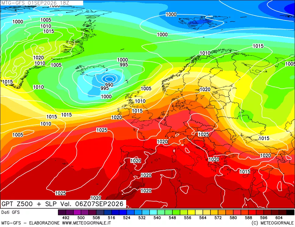 mappa GFS: Geopotenziale a 500 hPa + Pressione sul livello del mare
