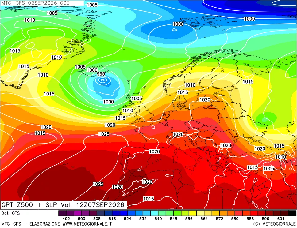 mappa GFS: Geopotenziale a 500 hPa + Pressione sul livello del mare
