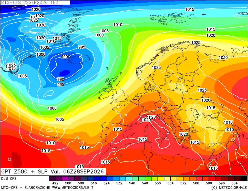 mappa GFS: Geopotenziale a 500 hPa + Pressione sul livello del mare