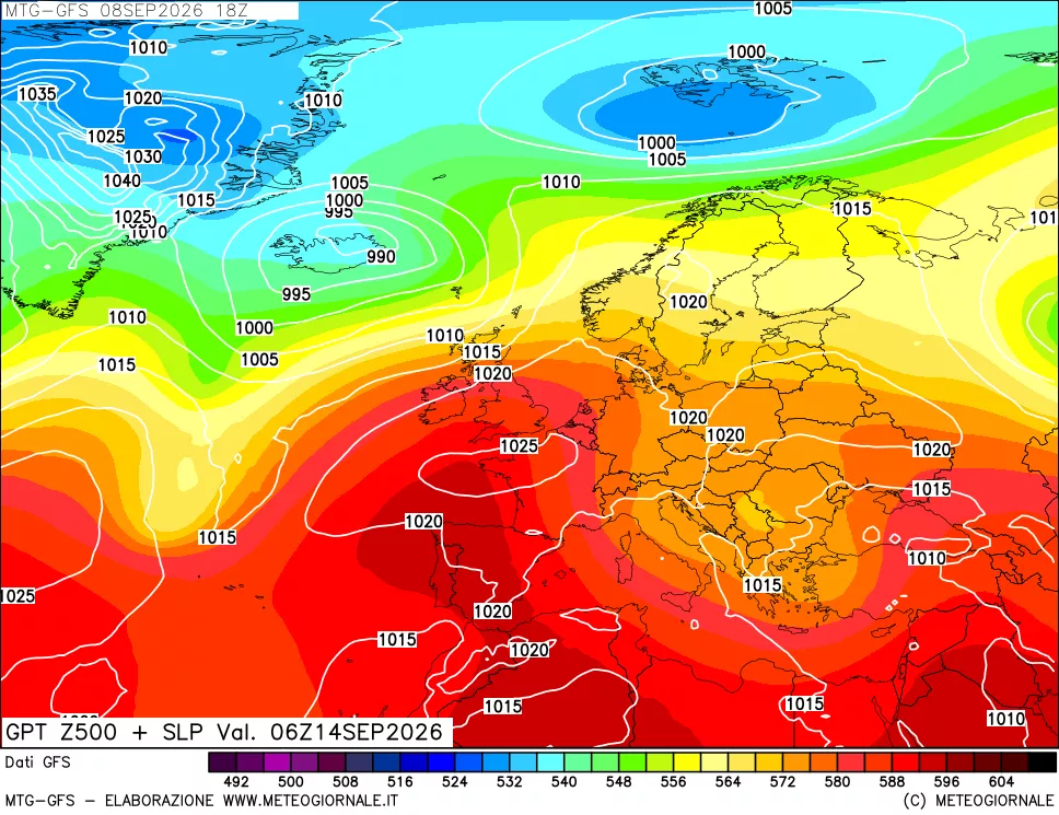 mappa GFS: Geopotenziale a 500 hPa + Pressione sul livello del mare
