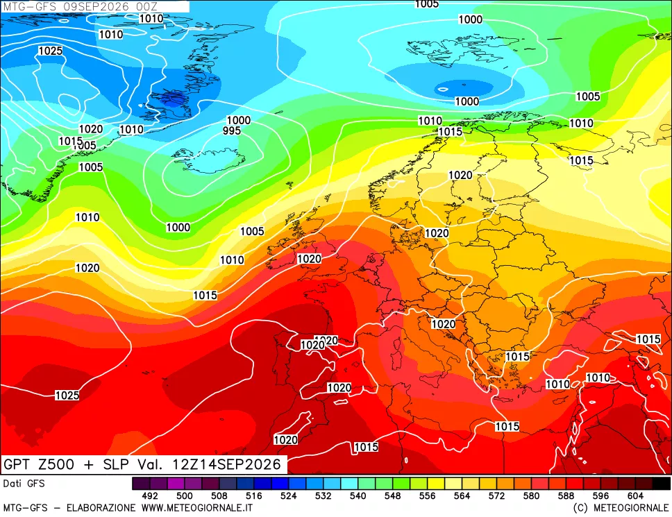 mappa GFS: Geopotenziale a 500 hPa + Pressione sul livello del mare